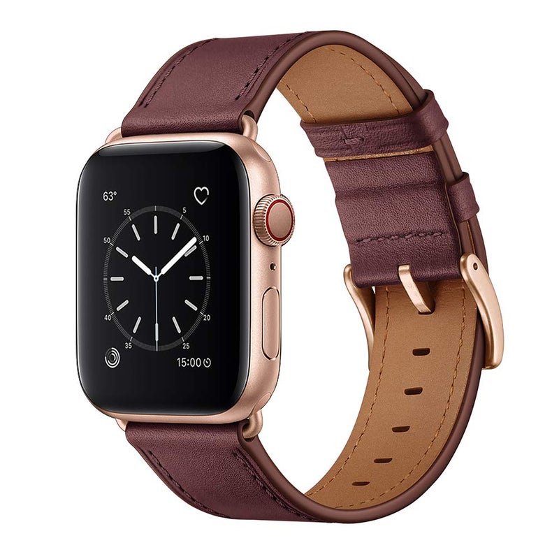 OUHENG Leather Bands Compatible with Apple Watch Band 49mm/46mm/45mm/44mm/42mm, Genuine Leather Strap for iWatch Series 11/10/9/8/7/6/5/4/3/2/1 & Ultra 3/2/1 & SE3 SE2 SE, Wine Red/Rose Gold - Image 1